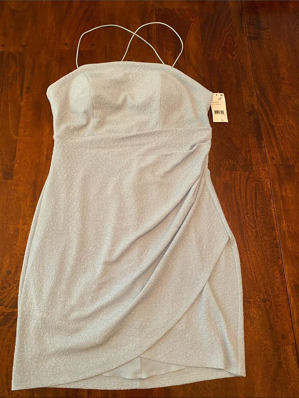 Juniors Glitter Seafoam/Silver Spaghetti-Strap Mini Homecoming Dress